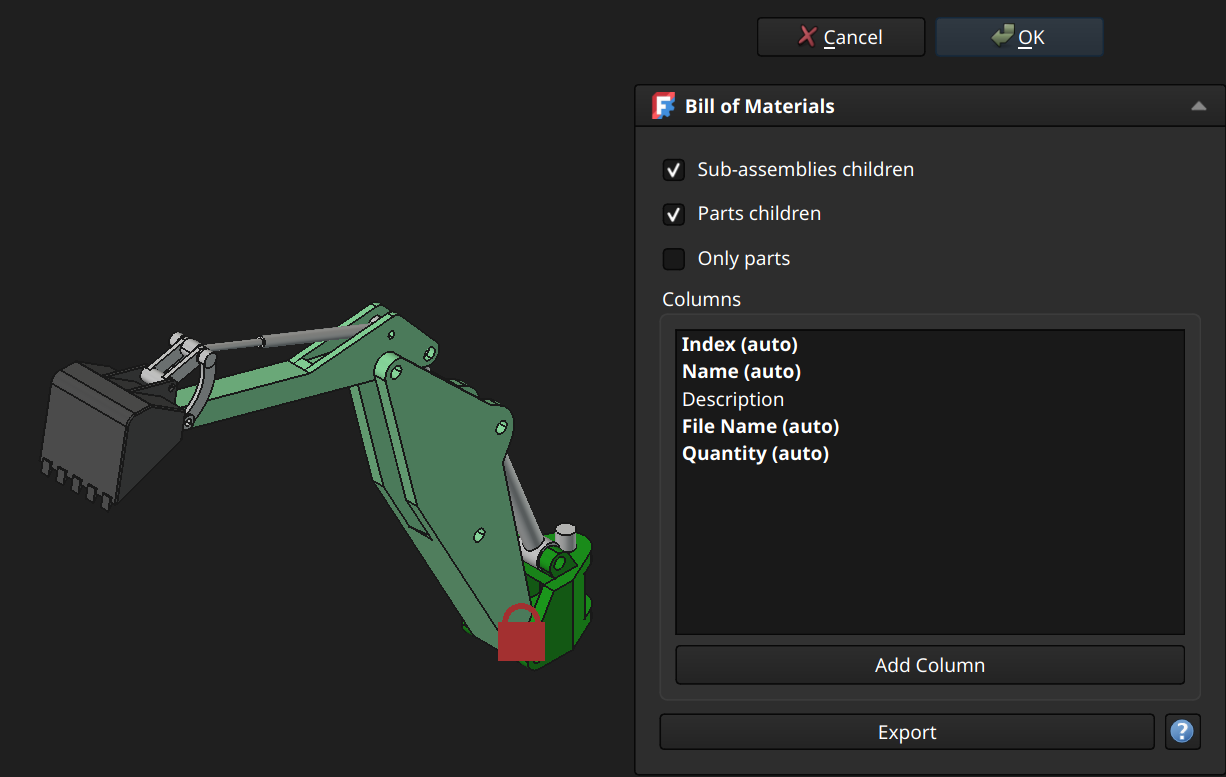 FreeCAD Assembly workbench bill of materials